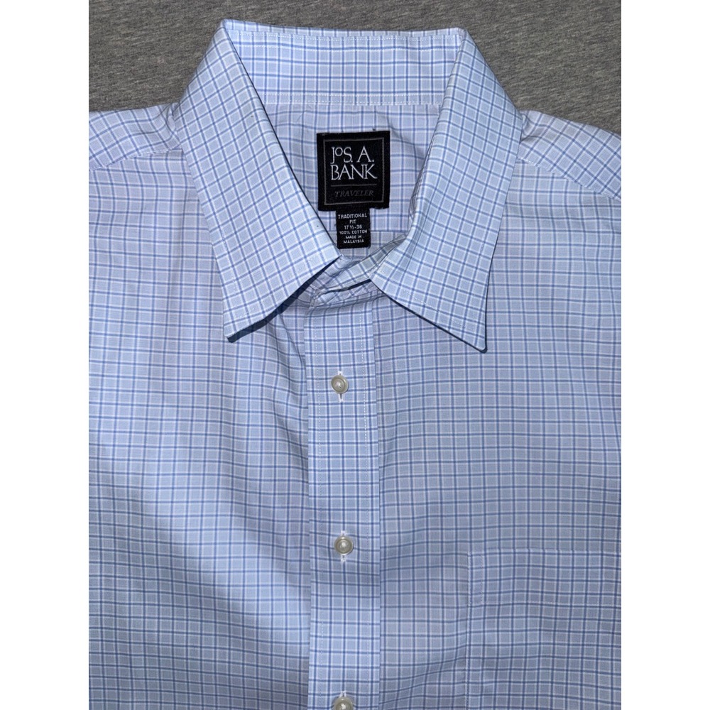 Jos A Bank Traveler Mens Traditional Fit Blue Plaid Shirt Size 17.5 36 Business